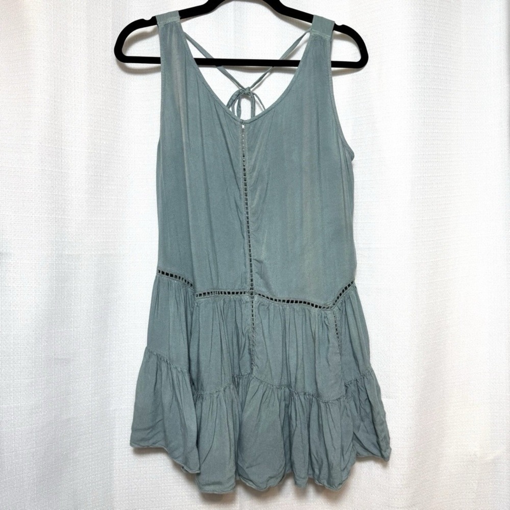 Altar'd State Dress Large Boho Sage Green Tiered Babydoll Mini Open Tie Back
